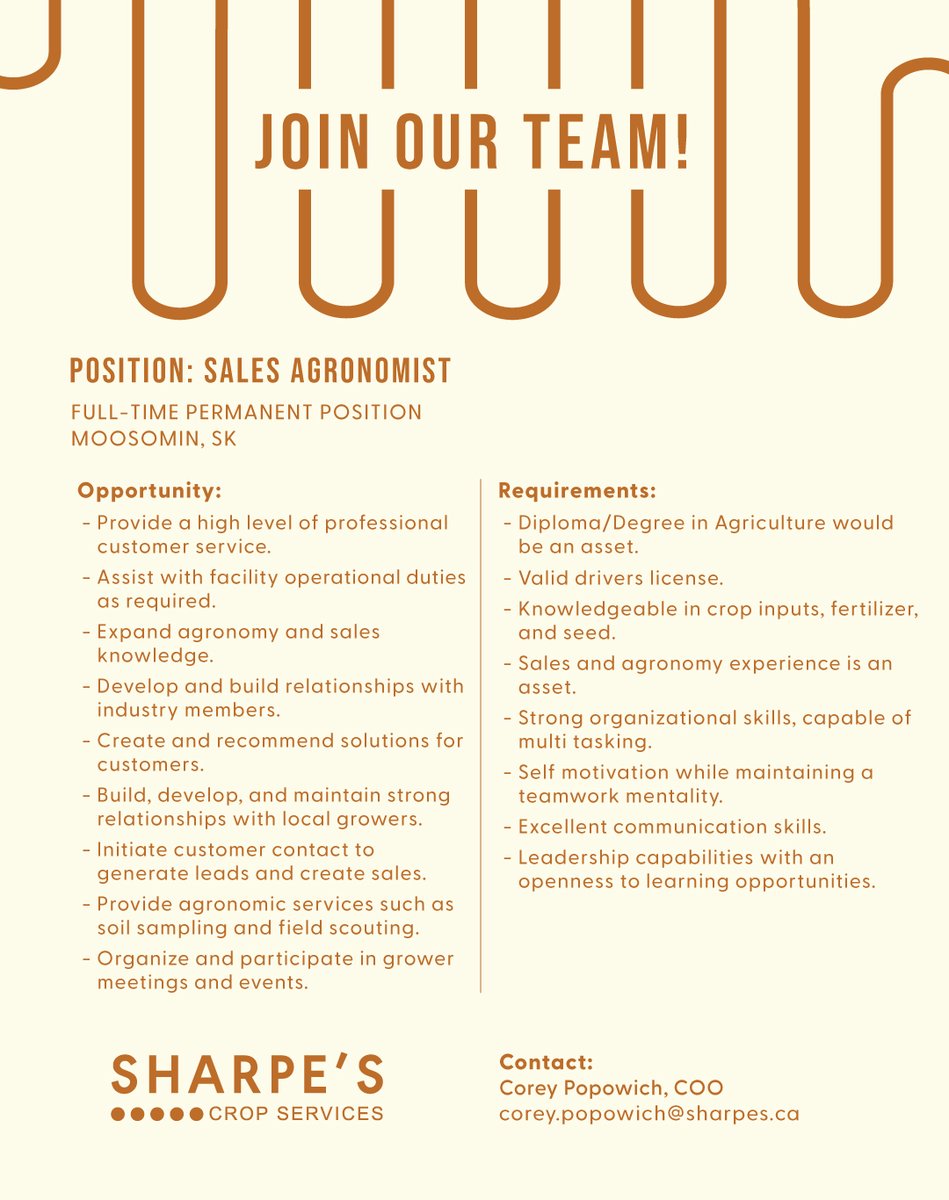 We're hiring a Sales Agronomist for Moosomin. See details below.