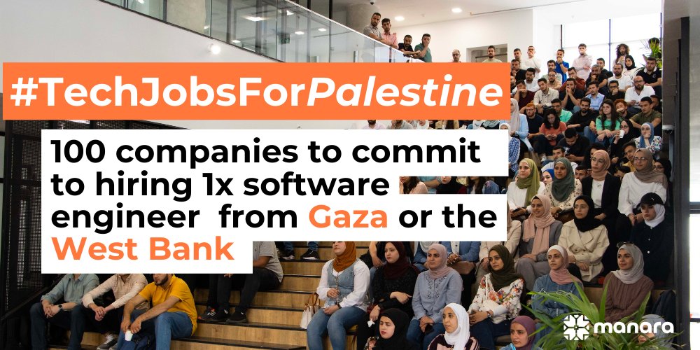 Help rebuild Palestine. The economy has been devastated in Gaza & severely impacted in the West Bank. This is your chance to hire talented individuals AND make a difference. Join the #TechJobsForPalestine campaign and get #100companies to commit to hiring SE from Gaza & the WB!