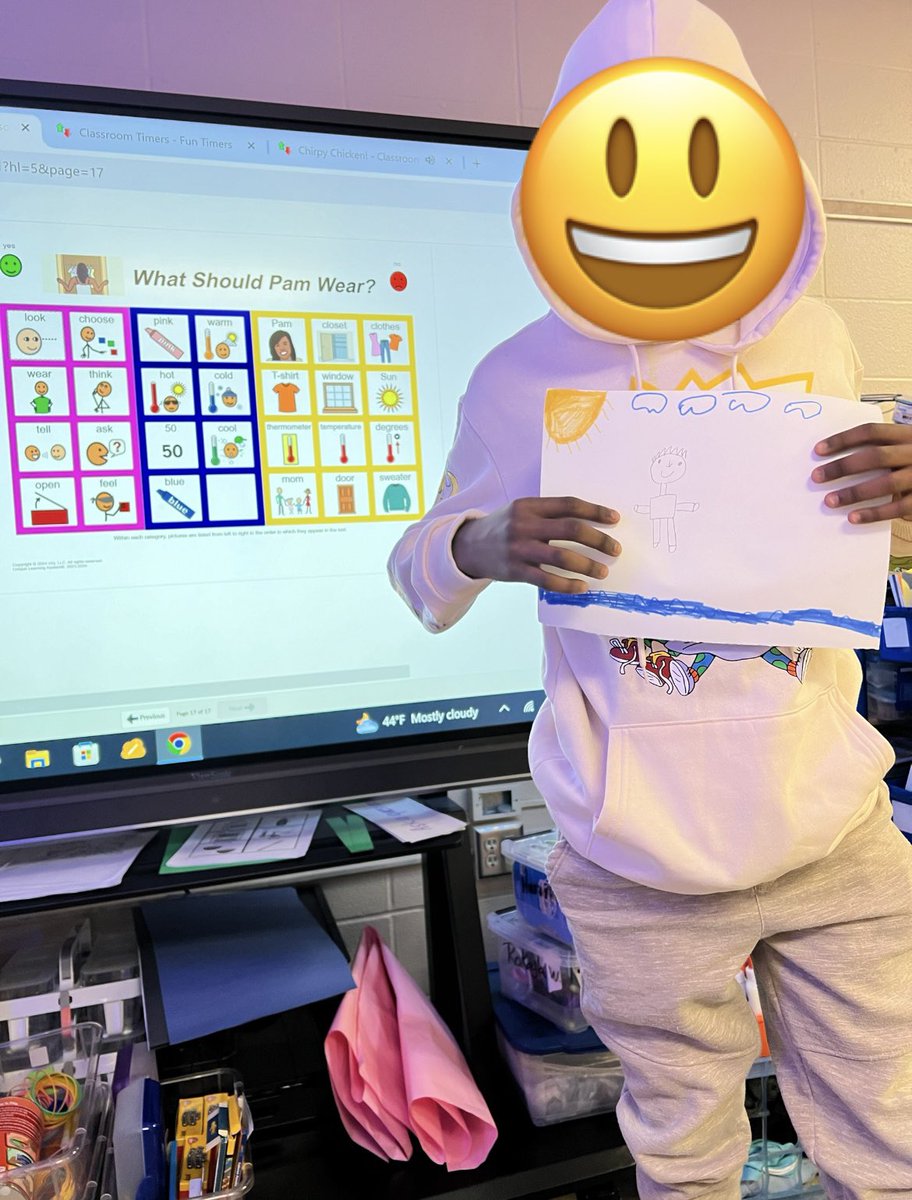 rvrinosa's tweet photo. 🌦️ Exploring weather attire in our SLC classroom! After reading the book “What Should Pam Wear, students shared their wardrobe choice today and what made them decide to choose their outfit. @n2yllc @aldinesped @NimitzHS_AISD @McDanielDiggs #WeatherWardrobe #InclusiveEducation https://t.co/LVJKaaXbKW