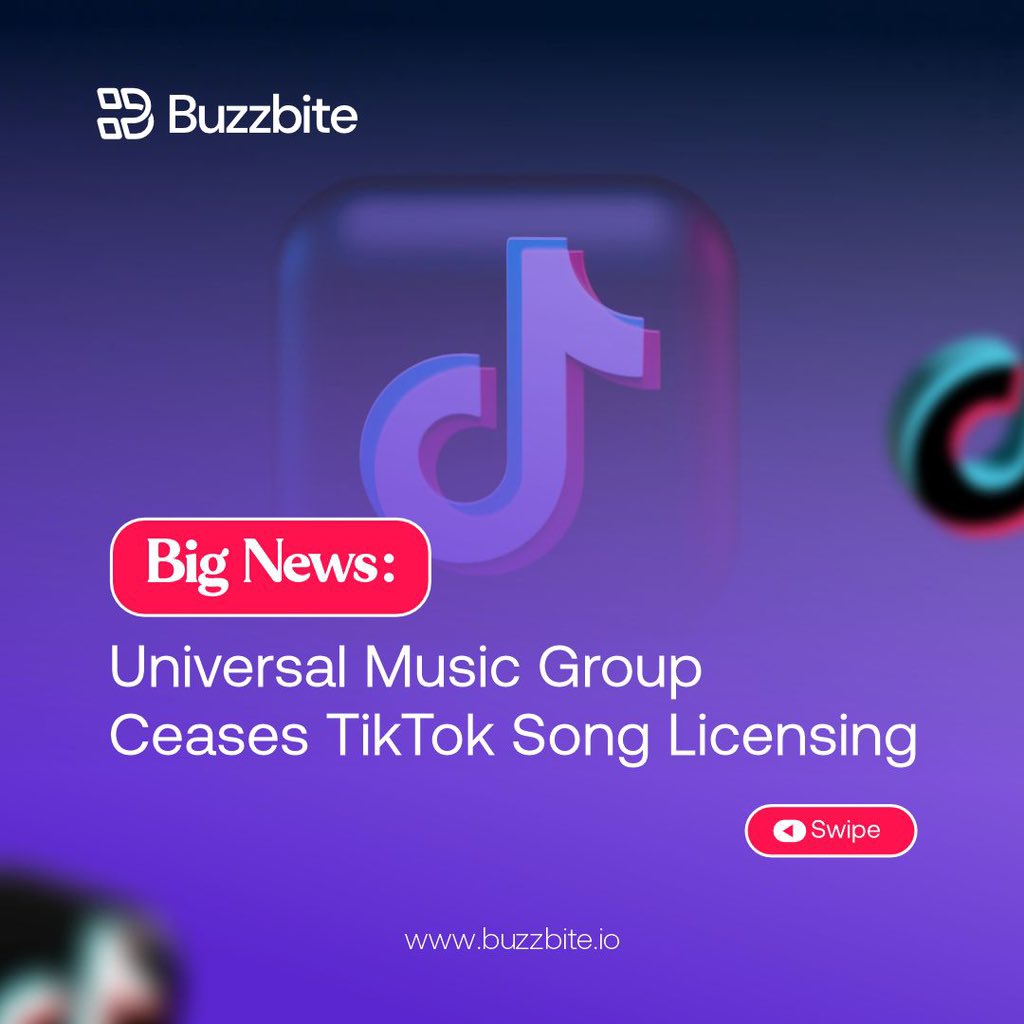 buzzbite_hq's tweet photo. Universal Music Group Ceases TikTok Song Licensing π
#Buzzbite #IndustryNews #Update #ugccommunity https://t.co/7dxqWRYzR2