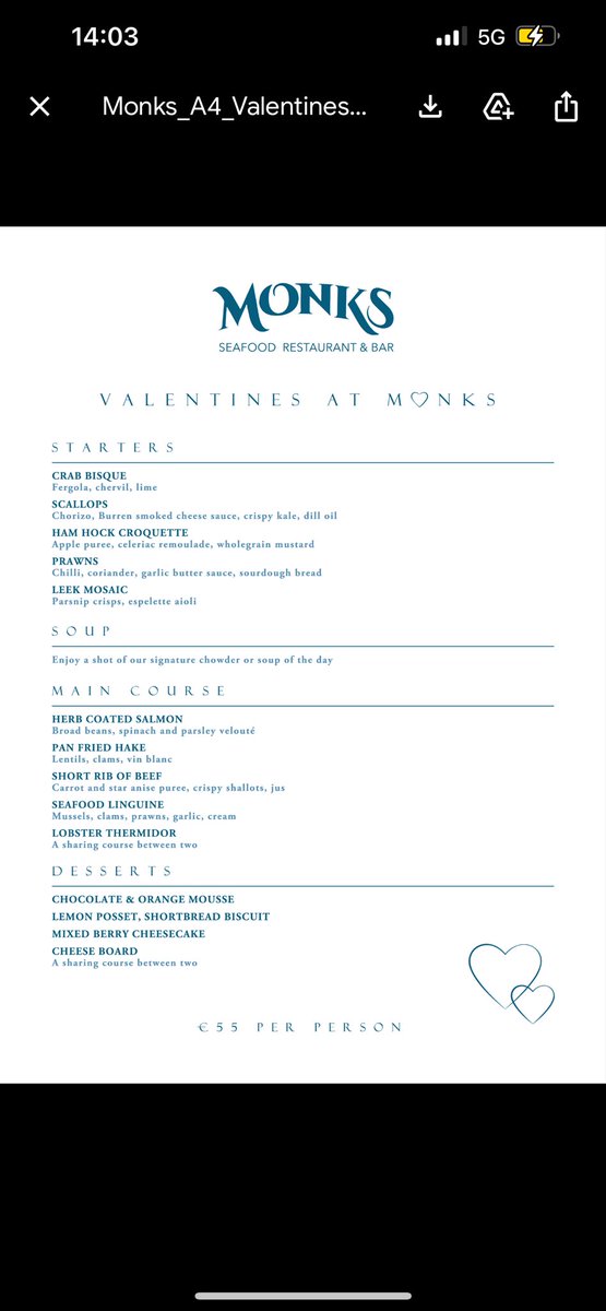 💕 Valentines At Monks 💕 Book your table for Wednesday night, limited availability on the most romantic night of the year. Four course specially selected menu prepared with love by Chef Daly and his team.