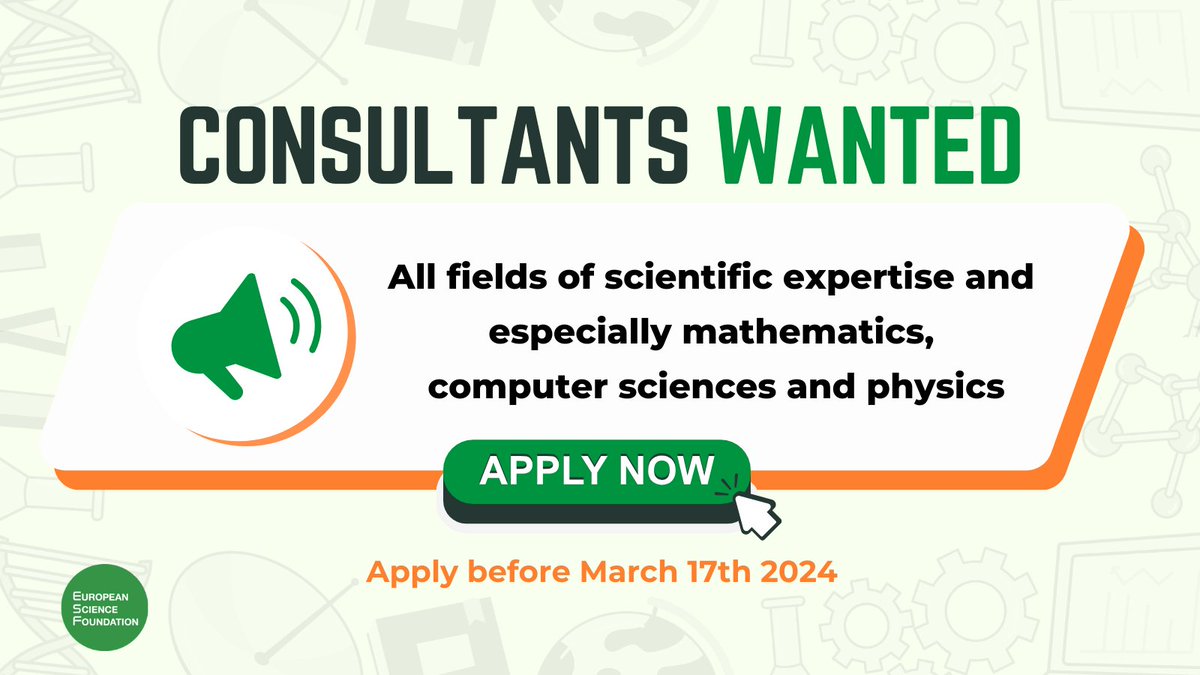 Are you a scientific researcher with expertise in #mathematics, #computer sciences, #physics or any other field of expertise? 👉Apply to support our Research Quality Assessment and Grant Evaluation team: //www.esf.org/careers/college-of-research-associates/