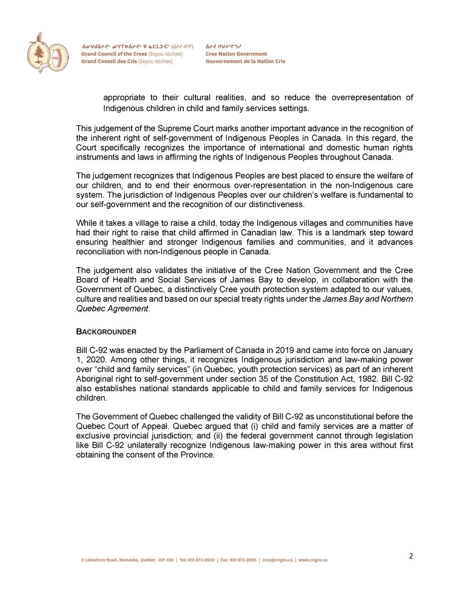 Press Statement, February 12, 2024
cngov.ca/the-grand-coun…

Today the Supreme Court of Canada released a landmark, unanimous judgement upholding the constitutional validity of the Act respecting First Nations, Inuit and Métis children, youth and families (Bill C-92).