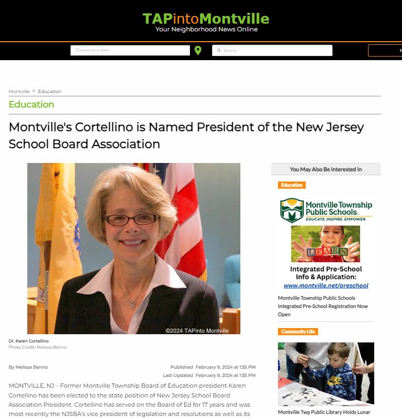 IN THE NEWS! #MontvilleBOE Member! Dr. Karen Cortellino is Named President of the New Jersey School Board Association See #MontvilleTAP: ow.ly/XwOa50QAbkC @drtagorman @njsba @MontvilleTAP
