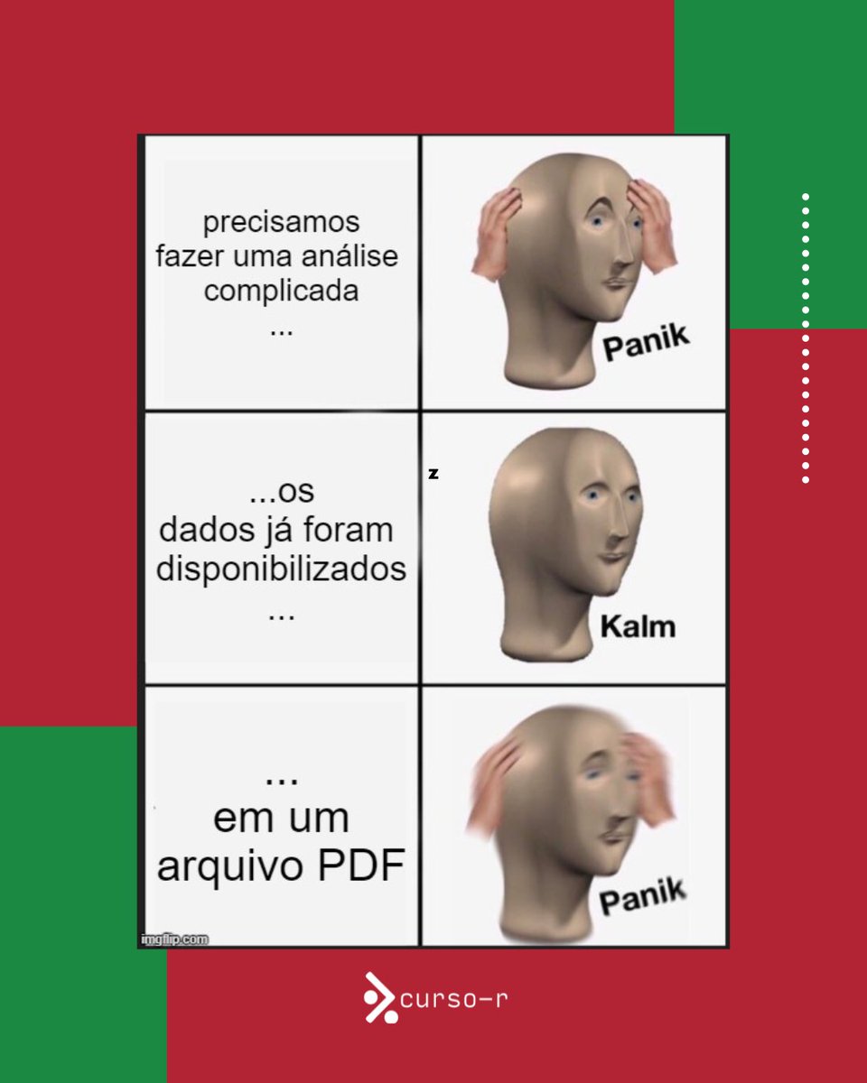 curso_r's tweet photo. Por favor, não disponibilize dados em arquivos PDF!
É meme. #sqn
.
#rstats #DataScientists #cienciadedados #shiny #Rmarkdown #coding #ggplot
#RPackages #TestDevelopment #DataScienceBooks #RProgramming
https://t.co/ItgnOxjURX https://t.co/85cCg15Bjc