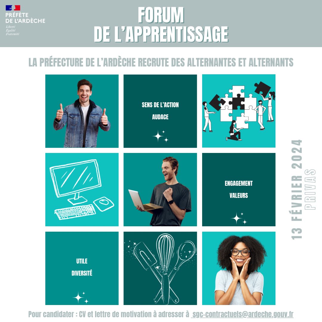 Prefet07's tweet photo. #Forum #Alternance 
📍Rendez-vous demain au forum de l’alternance à #Privas (espace Ouvèze) à partir de 9h30 pour:  

👉découvrir les métiers de l’administration de l’Etat #préfecture #SGCD #DDT #DDETSPP 
👉rencontrer et échanger avec des jeunes apprentis,
👉trouver des informations.

La Mission Locale Centre Ardèche organise la 6e édition du forum de l'apprentissage ce mardi 13 février, venez nombreux !! 🤝
