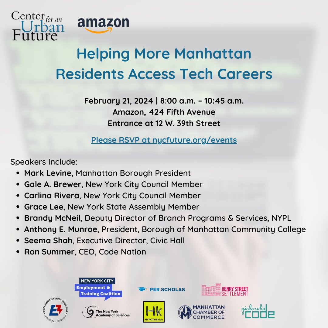 Hk is thrilled to be a partner for the @nycfuture Policy Symposium being held with @Amazon on 2/21. Join virtually or in person to hear about #NYC's #tech sector and what's needed for more New Yorkers to enjoy greater access to tech career opportunities: shorturl.at/bqZ45