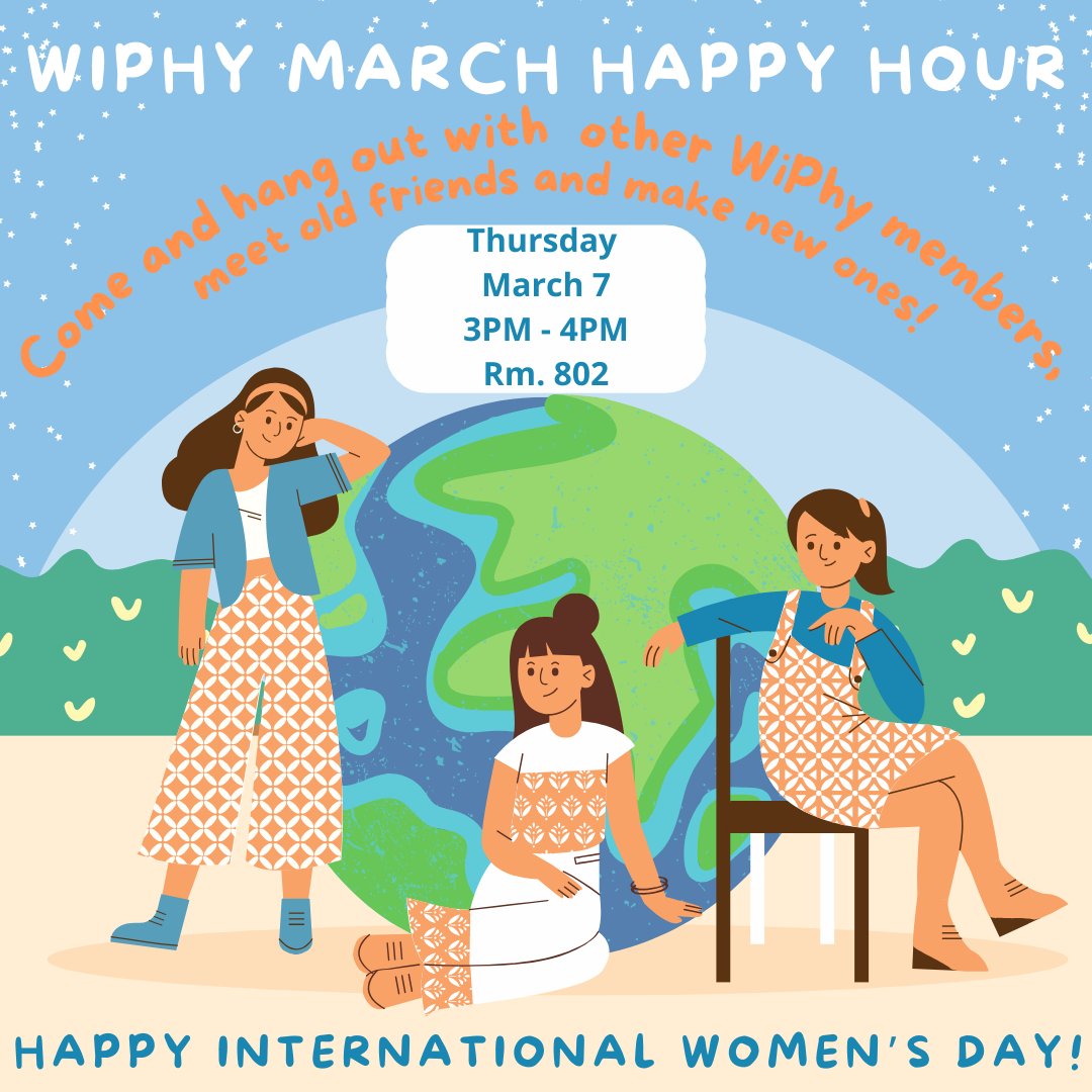 WiPhy March Happy Hour is here!! 💜💜 Come and join us on March 7 to celebrate with us the International Women's Day!! 🥳🧁🎉 Meet old friends and make new ones!! 😊 We look forward to seeing you all there!! 😍@NYUWiPhy , @NYUPhysics , #WomenInSTEM