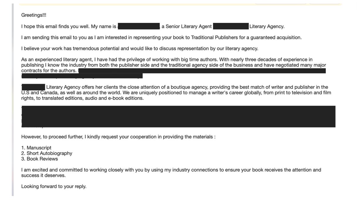 Just got another faux agent email that looked real on the surface, and I can easily see how newer writers get tricked by these. And I hate it. Let's unpack this, because maybe this arrived in your inbox today. I blacked out my industry colleague's identifying info, obviously.