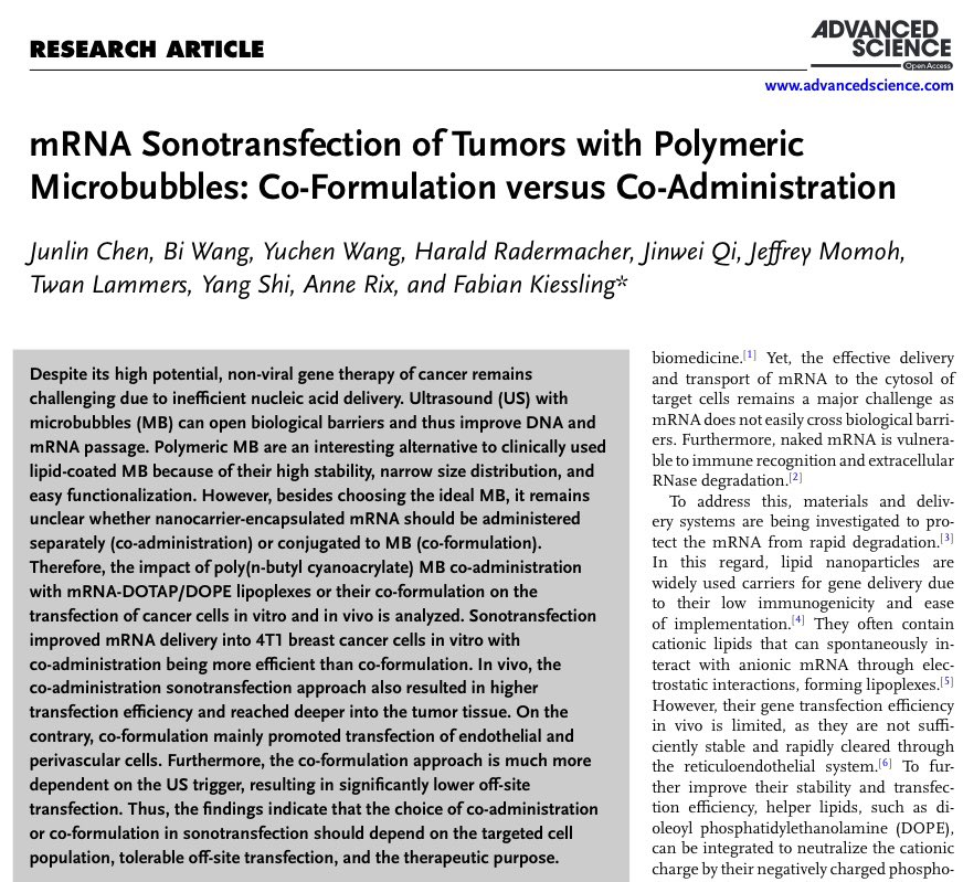 Twan Lammers (@twan_lammers) on Twitter photo Important new work in @AdvSciNews. On mRNA transfection in tumor vs endothelial cells upon the use of microbubbles and ultrasound 🧬🔉🫧
#RTG2375 <a href="/dfg_public/">DFG public | @dfg_public@wisskomm.social</a>
onlinelibrary.wiley.com/doi/10.1002/ad… Important new work in @AdvSciNews. On mRNA transfection in tumor vs endothelial cells upon the use of microbubbles and ultrasound 🧬🔉🫧
#RTG2375 <a href="/dfg_public/">DFG public | @dfg_public@wisskomm.social</a>
onlinelibrary.wiley.com/doi/10.1002/ad…