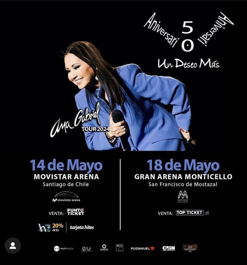 Emerson_BernalJ's tweet photo. 🚨 Este 14 de febrero comienza la venta de boletos para los conciertos de Ana Gabriel en Chile
✅ 14 de Mayo en #MovistarArena
✅ 18 de Mayo #GranArenaMonticello
Compras en #puntoticket y #topticket
➡️ No te pierdas de una noche mágica bajo la Luna con Ana Gabriel https://t.co/c0kIMSO0FP