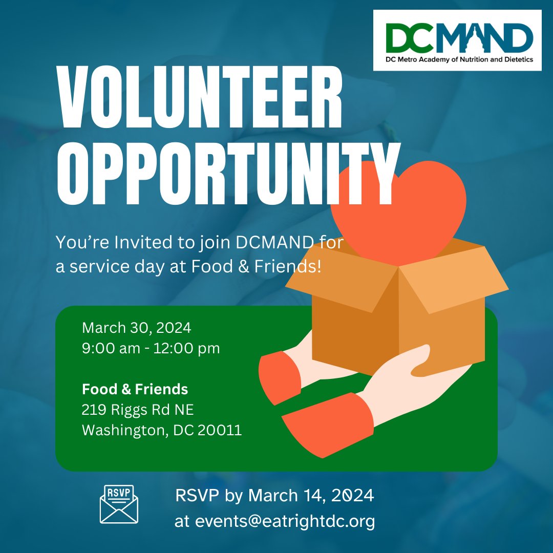 Join us for our March Member Event for a service day at Food and Friends on Saturday, March 30th from 9 am - 12 pm! There are 6 remaining spots available - RSVP by March 14th at events@eatrightdc.org