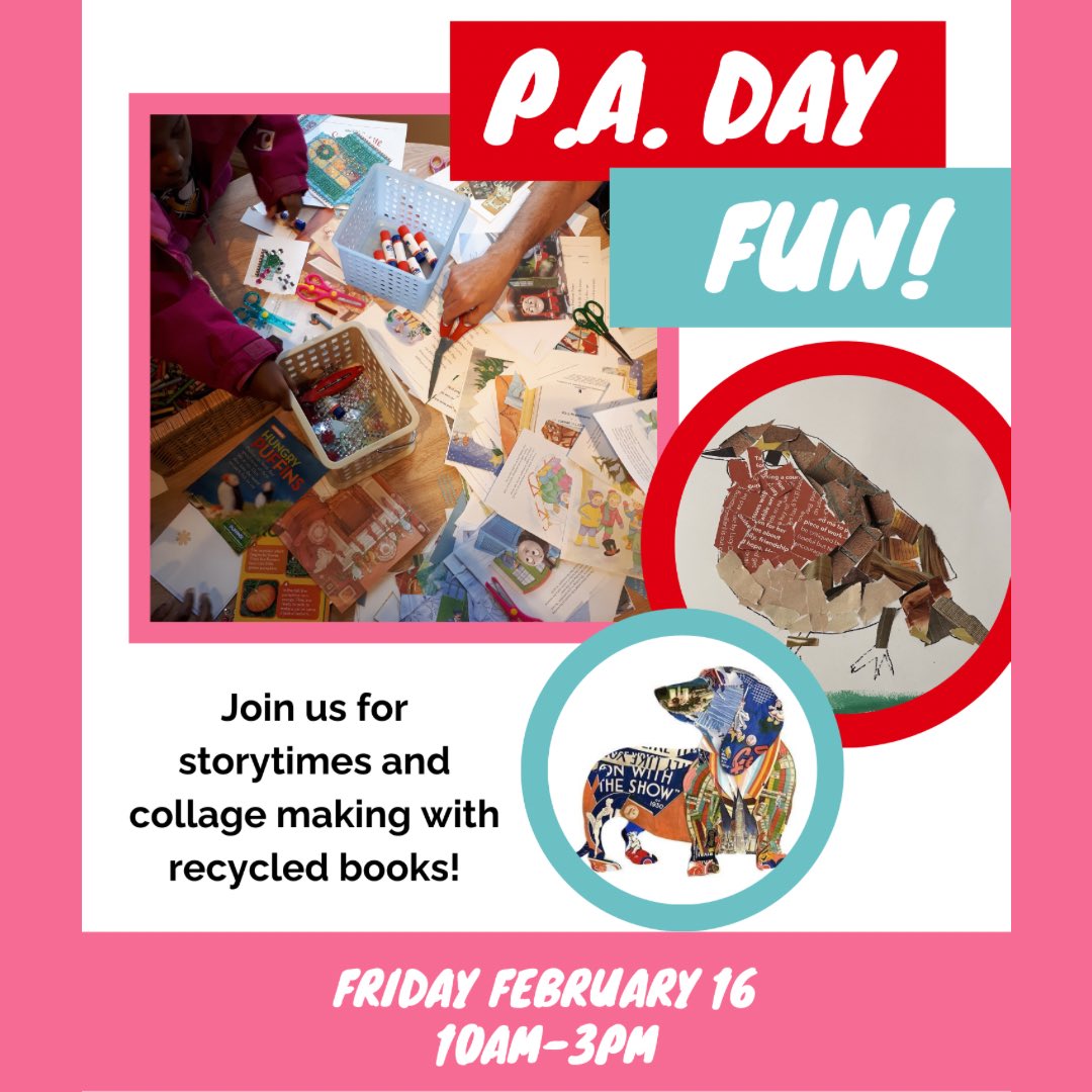 This Friday is a P.A. Day and both our Regent Park and Sherbourne locations will be open from 10AM-3PM! Join us for storytimes and collage making with recycled books! 
 #TorontoCommunity #TorontoKids #KidsTO #kidsactivitiesintoronto #torontokidsevents #TorontoPrograms