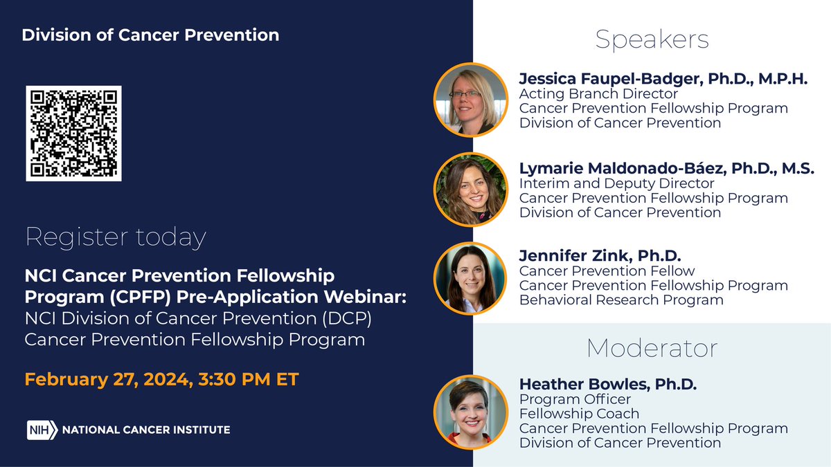 Interested in applying to the Cancer Prevention Fellowship Program? Join us for a preapplication webinar on February 27! 

Register here: nih.zoomgov.com/meeting/regist…