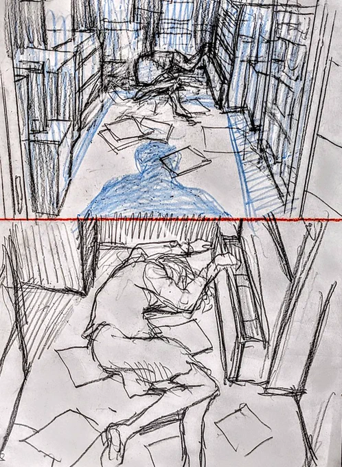 資材室のドアを開けたら誰か倒れてる。そんな光景と、部屋に入って近づいて見た光景は当然違う。描く参考に実際に部屋でモデルさんを使ったり、3Dでセットを組んで3D人形を寝かせたりする余裕があれば良いけど、大抵は時間がない。自分の脳から絞り出すしかないです。頭の中にセットを組む……。 