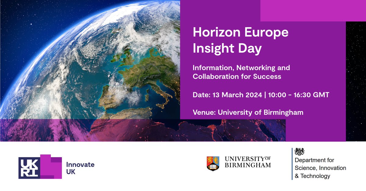 Join us on 13 March 2024 for an exciting in-person event: #HorizonEuropeInsightDay hosted by @innovateUK @UniBirmingham and @SciTechGovUK.  Information, Networking and Collaboration for Success! Register here: bit.ly/3SBYNiG