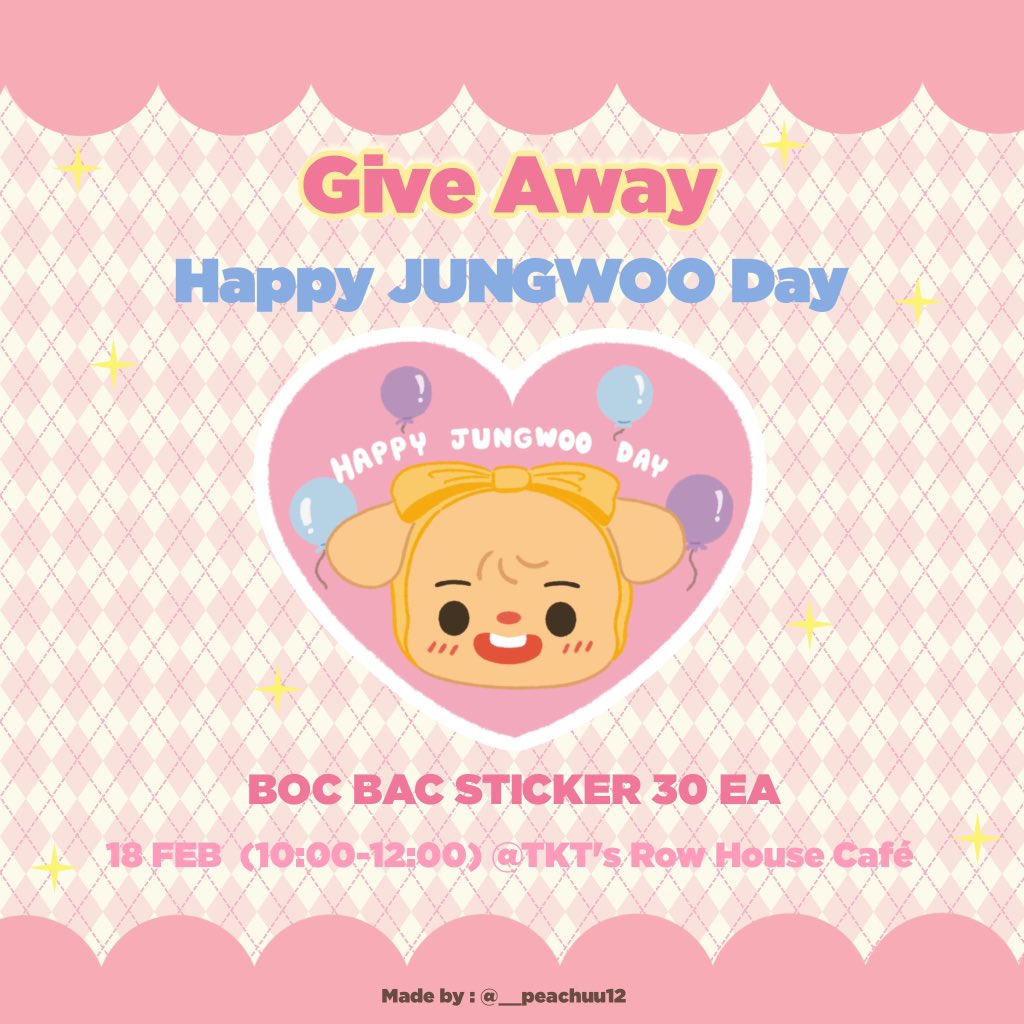 __peachuu12's tweet photo. =͟͟͞ ♡̩͙ Give Away 🐶
happy JUNGWOO day — 🎂

BOC BAC Sticker 3O EA
🗓️ 18 feb 2O24 (1O:OO-12:OO) 
🏡 TKT’s Row House Café

pls rt + show this tweet 

#SugaringCloudy_Feb2024
#HAPPYJUNGWOODAY https://t.co/yrPAGuxLF7