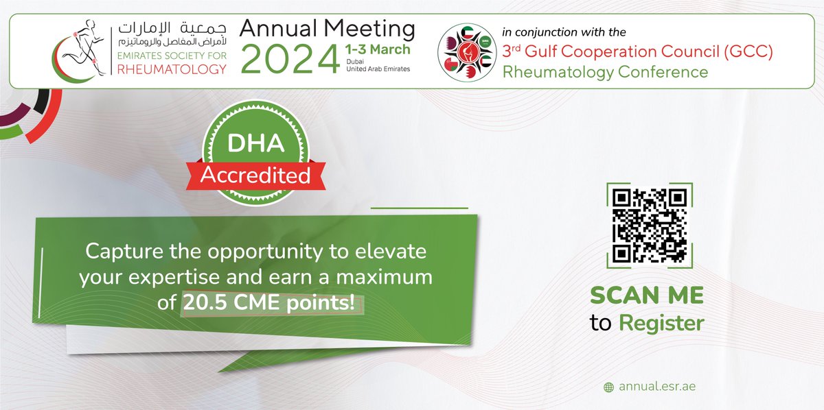 Join us for engaging sessions and workshops led by top specialists, designed to enrich your practice and enhance patient care. Earn valuable CME credits while advancing your skills! Register now bit.ly/4bm8oTz #ESRAnnualMeeting #GCCRheumatologyConference #CMEAccredited