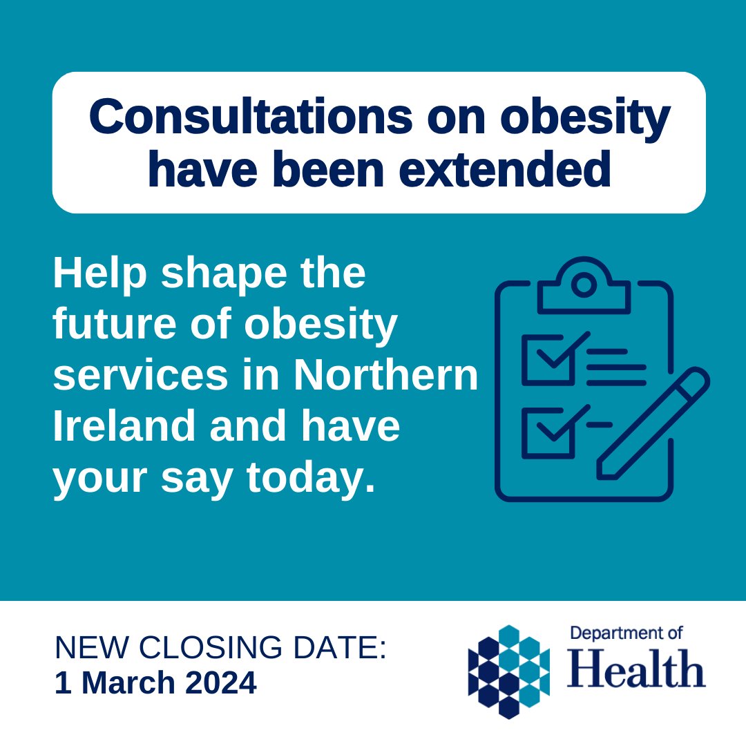 📢Deadline extended for responses to two consultations on obesity: ✔️Obesity Strategic Framework ✔️Regional Obesity Management Service 🗓️New closing date: 1 March 2024 ➡️Find out more and access the consultations: health-ni.gov.uk/news/new-obesi…
