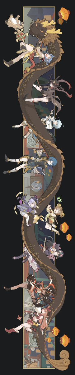 gencao123's tweet photo. Happy Chinese New Year！ #香菱 #胡桃 #重云 #行秋 #瑶瑶 #七七 #云堇 #辛焱 #烟绯 #Genshin_Impact https://t.co/04ahZG7Ong