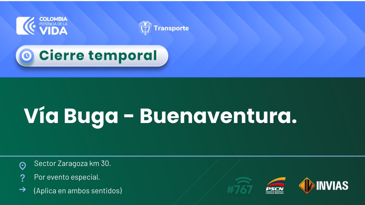 numeral767's tweet photo. ¡Buenos días!

#NovedadVial en el departamento de #ValleDelCauca, se reporta cierre temporal en en el sector Zaragoza. #EnDesarrollo

Trabajamos para mantenerte informado. https://t.co/SrkAMFZP2m