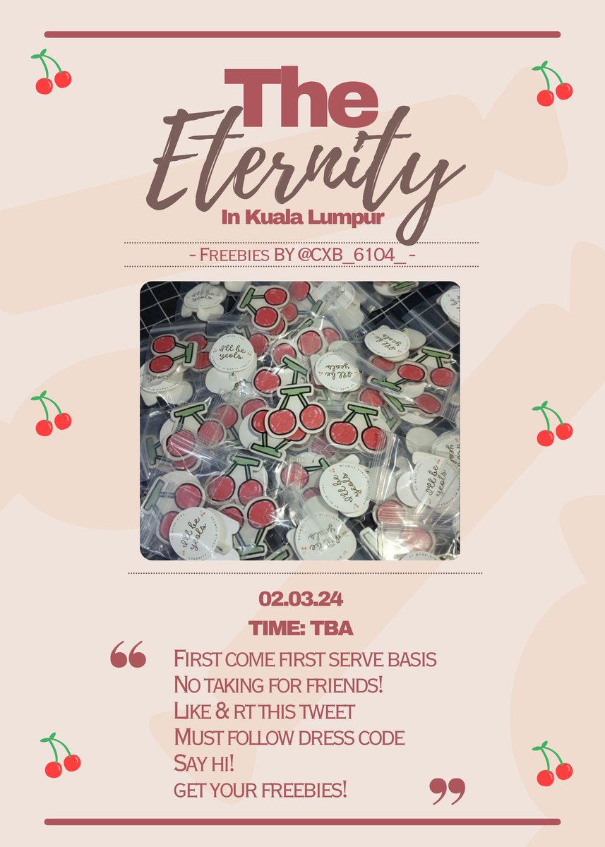 CXB_6104_'s tweet photo. #TheEternityinKL freebies 🍒

Hi! I'll be giving away these cute cherry acrylic pins as freebies during Chanyeol's fancon tour in Kuala Lumpur! 🇲🇾

Please read the T&amp;C for further information 💖
See you guys there! 💕
#iLLBeYeols  #ChanyeolinKL @weareoneEXO https://t.co/mKX0zX2ryC