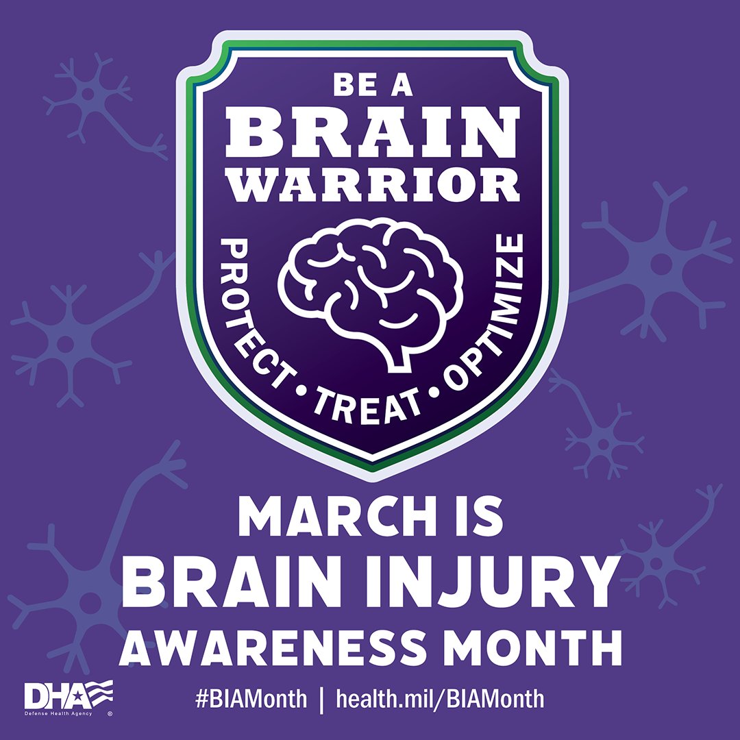 Learn how to #BeABrainWarrior this March with virtual and local events covering #TBI in the military, research, treatment, and recovery.

Learn more about upcoming Brain Injury Awareness Month events:
health.mil/BIAMonth

@NICoEPage  | #BIAMonth | #MilitaryMedicine | #TBICoE