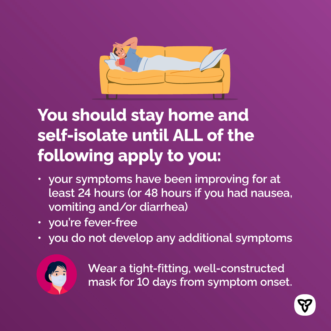 If you have symptoms of #COVID19, stay home until:

• your symptoms have improved for at least 24 hours (48 hours for nausea, vomiting and/or diarrhea).

• you‘re fever-free

Wear a tight-fitting, well-constructed mask for 10 days from symptom onset.