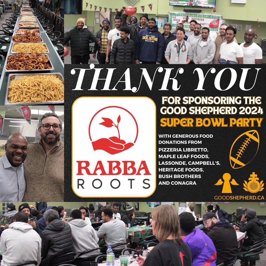 goodshepherd_to's tweet photo. THANK YOU @RabbaFineFoods & partners for sponsoring the @goodshepherd_to #SuperBowl party. Our shelter guests had a great time watching the #football action with plates of delicious food! #RabbaRoots generous support for the #homeless community deserves a LOUD CHEER! #ChrisMoise https://t.co/e2HiRXr39D