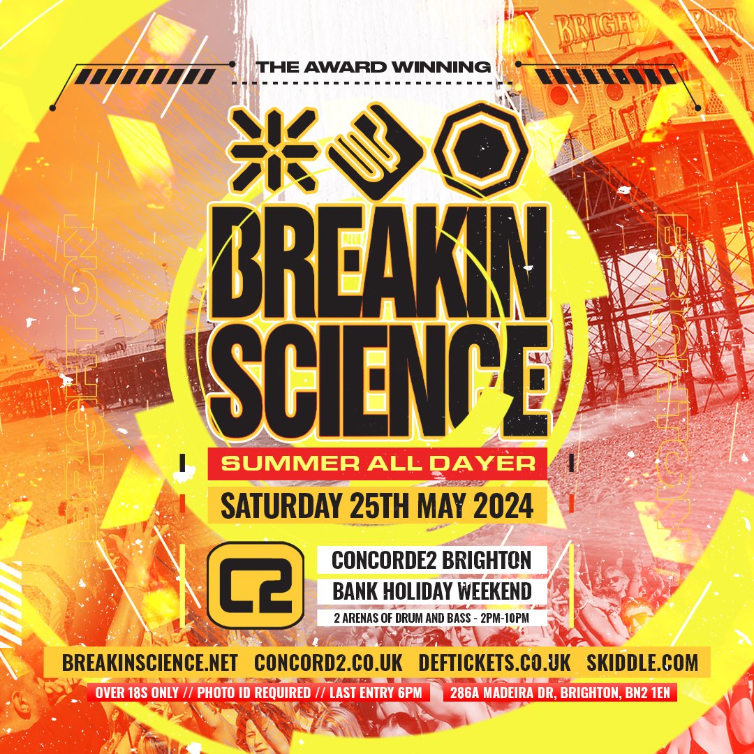 💥💥 Now On Sale 💥💥 It's going off end of Bank Holiday in Brighton, for this years @breakinscience Summer All Dayer! Join Breakin Science as they party throughout the day here at Concorde2, across 2 arenas of of Drum & Bass! Grab your tickets from concorde2.co.uk