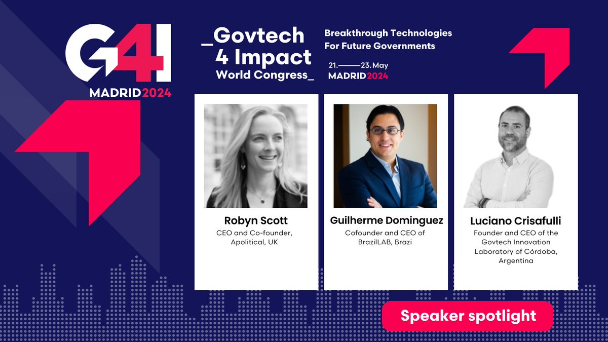 G4Icongress's tweet photo. Welcome to the #speaker line-up to @RobynScott, @guidominguez, and @lcrisafulli. They will be sharing valuable knowledge on the #G4I2024 stage with you. Register for the most anticipated event in breakthrough technologies for #futuregovernments. - https://t.co/U7h4OYiBD6 https://t.co/NQvWtpgZvp