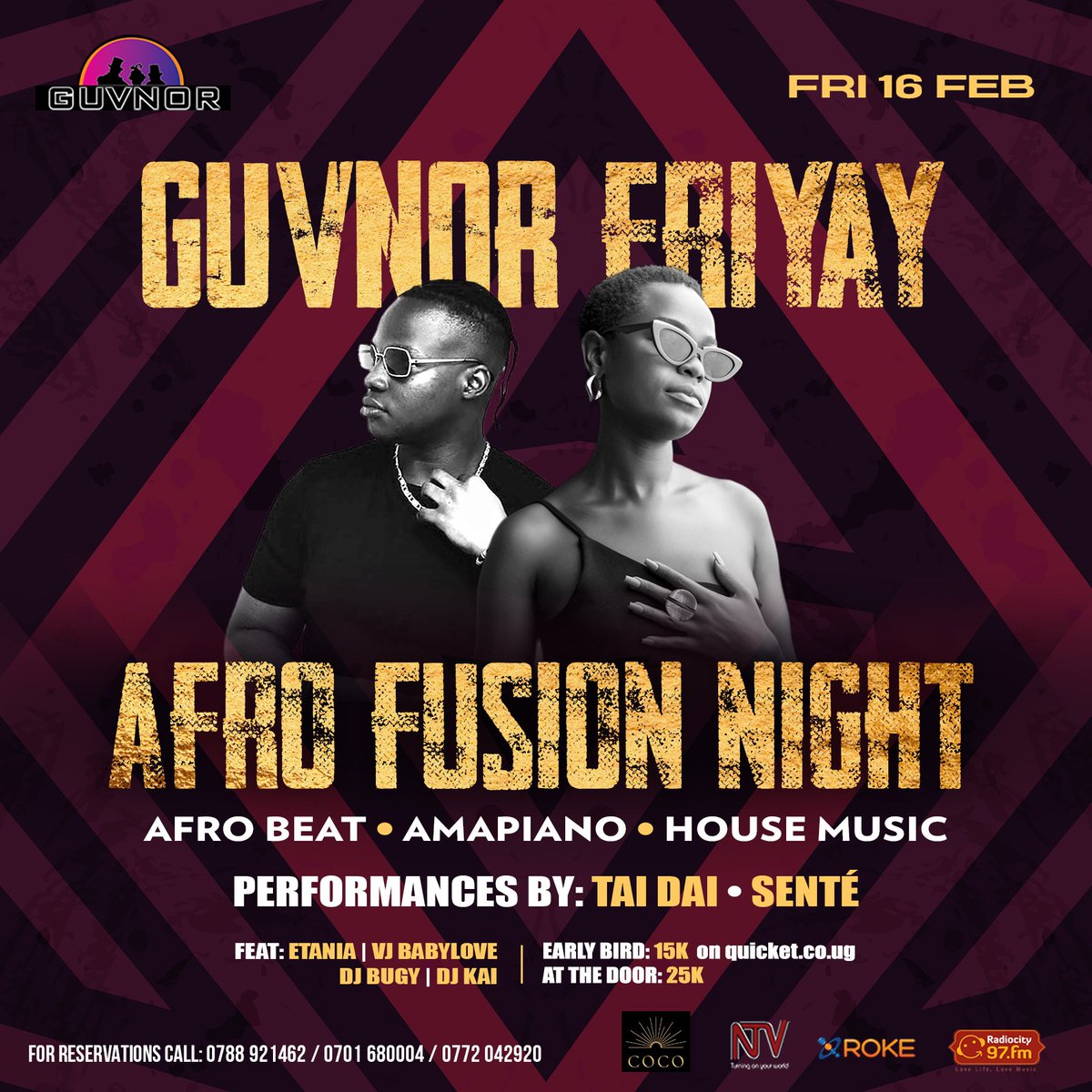 Come see me shut down the <a href="/GuvnorUganda/">Guvnor Uganda</a> stage this Friday alongside the baddest <a href="/taidaiofficial/">Tai 🦋</a> 🙌🏾🙌🏾

The devil's juice is gonna get us loose, the DJ is gonna let all our favourite jams play, and we're gonna mash up the party 'til the early morning! 🚀🚀🚀
