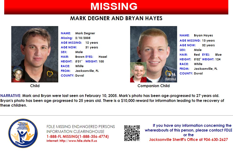 #MissingMonday
We need your help! Please share! Do you have information to help locate Mark Degner &amp; Bryan Hayes, last seen in the Jacksonville, Florida area on Feb. 10, 2005? If you have info that may help find them please call <a href="/JSOPIO/">Jax Sheriff's Office</a> at 904-630-2627 or 911. 🙏🏻🔍📞