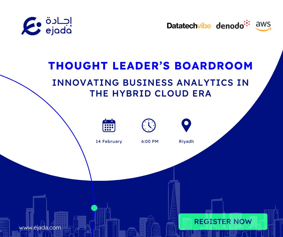 EJADA_SYSTEMS's tweet photo. 🌟 تفتخر إجادة بالمشاركة في جلسة حوارية بعنوان Thought Leaders Boardroom.

🌟 ejada is proud to participate in a panel discussion “Thought Leaders Boardroom” @denodo - @awscloud

📝 Register now 
https://t.co/qXM3Cq1a5t

#نخطو_معًا_للمستقبل
#experiencenext https://t.co/PC4gM0CXjy