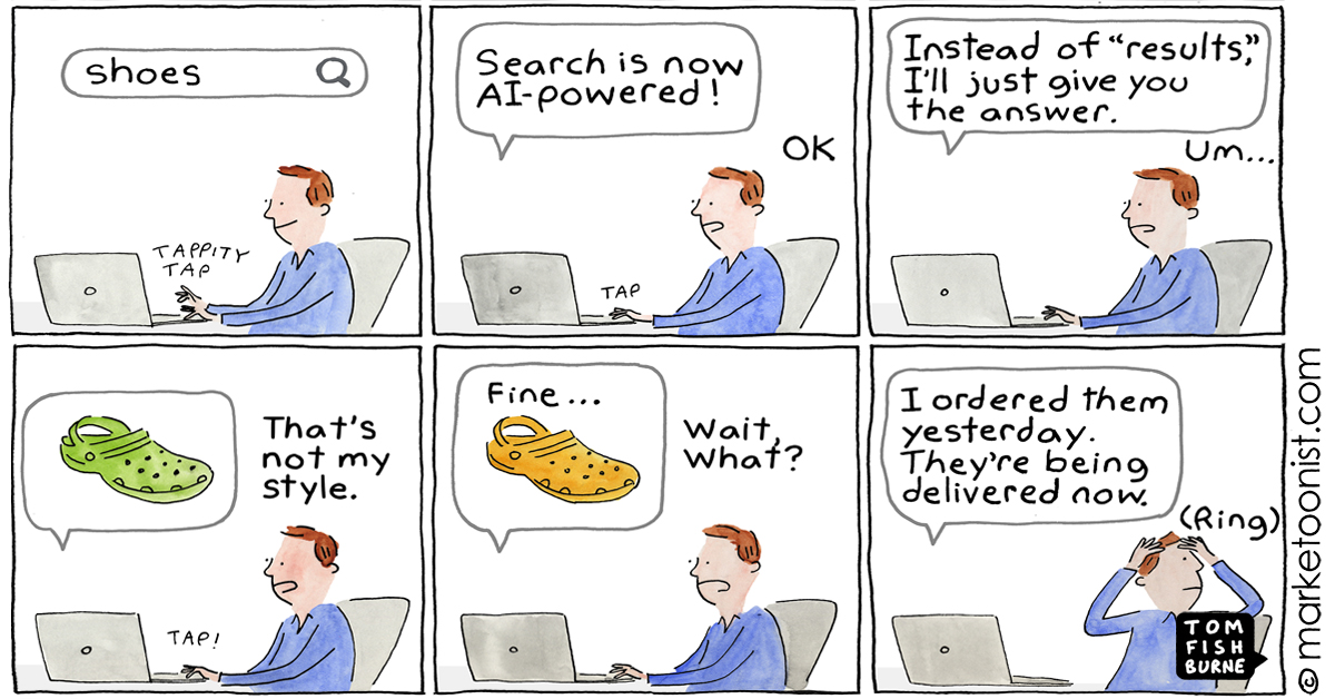 “Future of Search” - new cartoon and post marketoonist.com/2024/02/future… “The future of search is ask. The future of results is answer.” #search #marketing #cartoon #marketoon