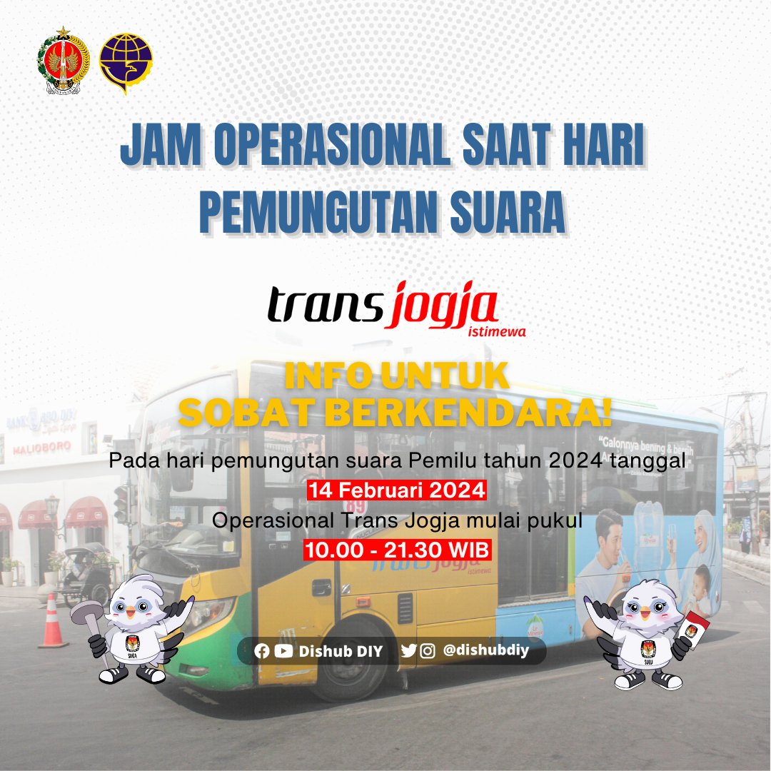 PENYESUAIAN JAM OPERASIONAL TRANS JOGJA PADA HARI PEMUNGUTAN SUARA PEMILU 2024

Bagi #SobatBerkendara pengguna angkutan umum Trans Jogja, dikarenakan adanya pemungutan suara serentak, kami informasikan bahwa jam operasional Trans Jogja dimulai pada pukul 10.00 WIB.