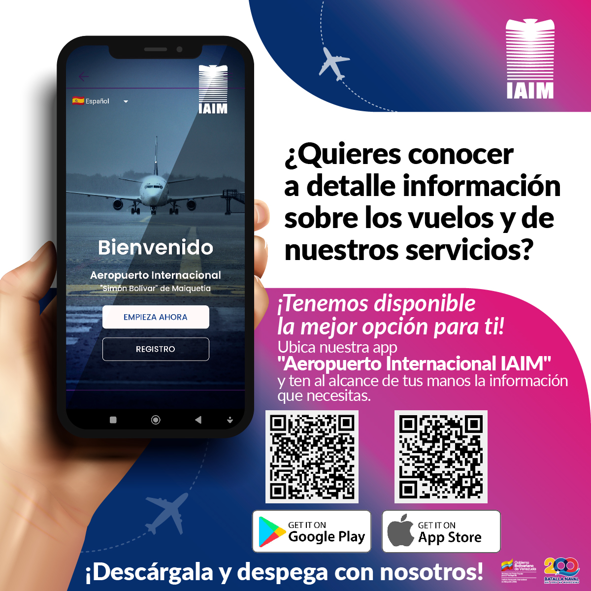 IAIM_VE's tweet photo. #IAIMApp || Despega junto al IAIM y planifica tu viaje desde el Aeropuerto Internacional "Simón Bolívar" de Maiquetía usando nuestra nueva app. Todo lo relacionado con el terminal aéreo a tu alcance. https://t.co/zmaOFwWi1b