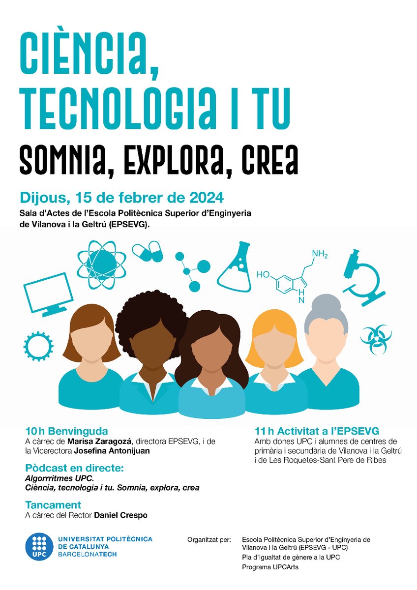 la_UPC's tweet photo. Aquest dijous, 15 de febrer, no us perdeu l'acte 'Ciència, tecnologia i tu. Somnia, explora, crea'. Amb la gravació d'un nou #pòdcastUPC!

🔗 https://t.co/sqJeTew6po
#mésDonesUPC #11F2024 https://t.co/TbaU4rHtbq