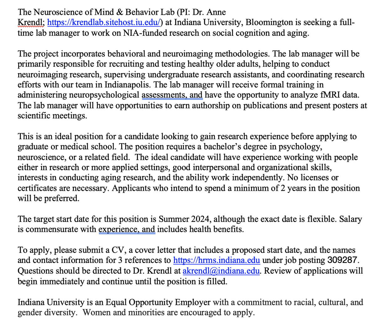 We are hiring a full-time RA to contribute to our ongoing projects on social cognitive aging. The position starts summer 2024 and is ideal for recent grads with interests in aging, social connectedness, and/or neuroimaging. See attached for more info.