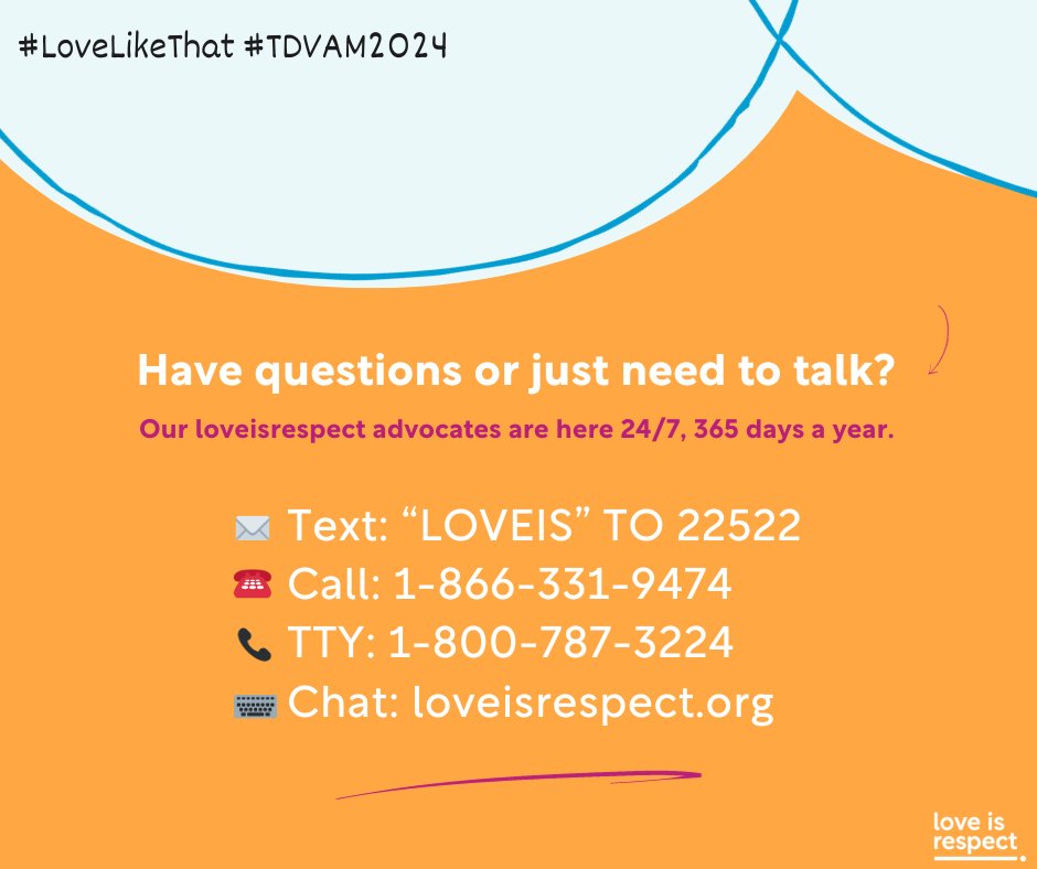 Relationships exist on a spectrum, it can sometimes be hard to tell when a behavior goes from healthy to unhealthy. We’re here to listen without judgment and can help identify possible signs of abuse in your relationship. Text “LOVEIS” to 22522 to speak to an advocate. #TDVAM