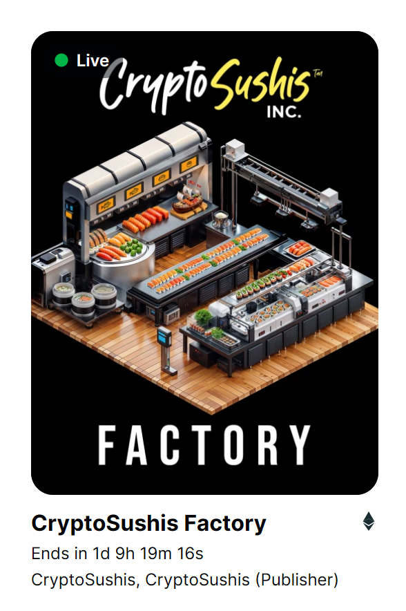GM sushi fam! 🍣
The auction has begun and some collectors have kick started the bidding war for CryptoSushis Factory! 
Don't miss your chance to own this incredible piece. The auction ends in 33 hours 🔥
--
👉 niftygateway.com/collections/cr…
--
#NFTs #nftcollector  #NFT #NFTCommunity
