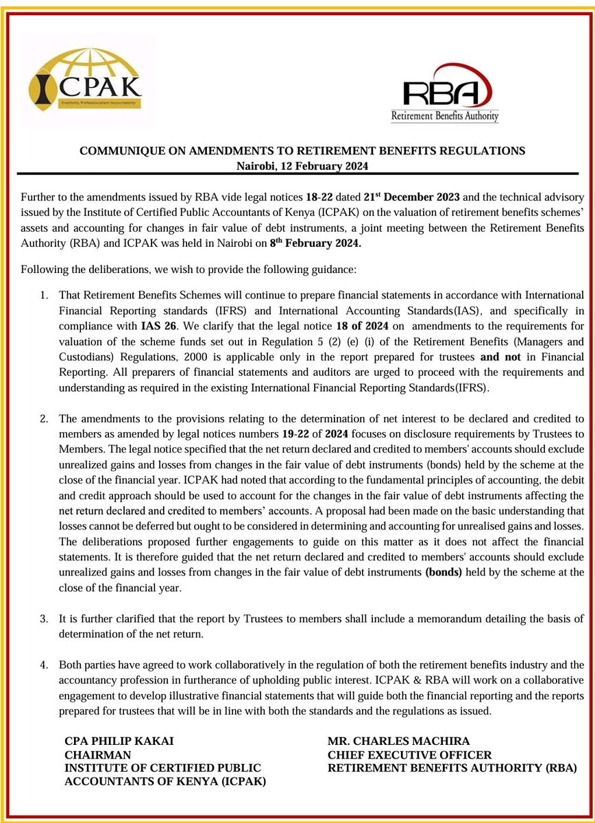 RBAKenya's tweet photo. Notice to the retirement benefits industry regarding the amendments issued by RBA vide legal notices 18-22 dated Dec 21 2023. #PensionwatchKE #AskRBA #MarkToMarket #HoldToMaturity #ValuationofBonds @ICPAK_Kenya @FiReAwardEA @ira_kenya @CMAKenya @Huduma https://t.co/lUwokH7pfa