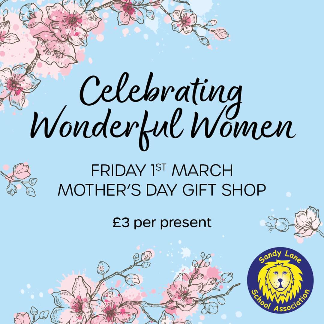 Tickets are on sale to make sure all the 'Wonderful Women' in your children's lives can be shown how much they are appreciated.
Please purchase a ticket for each gift at pta-events.co.uk/sandylaneschoo… 
During the day, the children will be brought to the gift shop to choose their gifts.