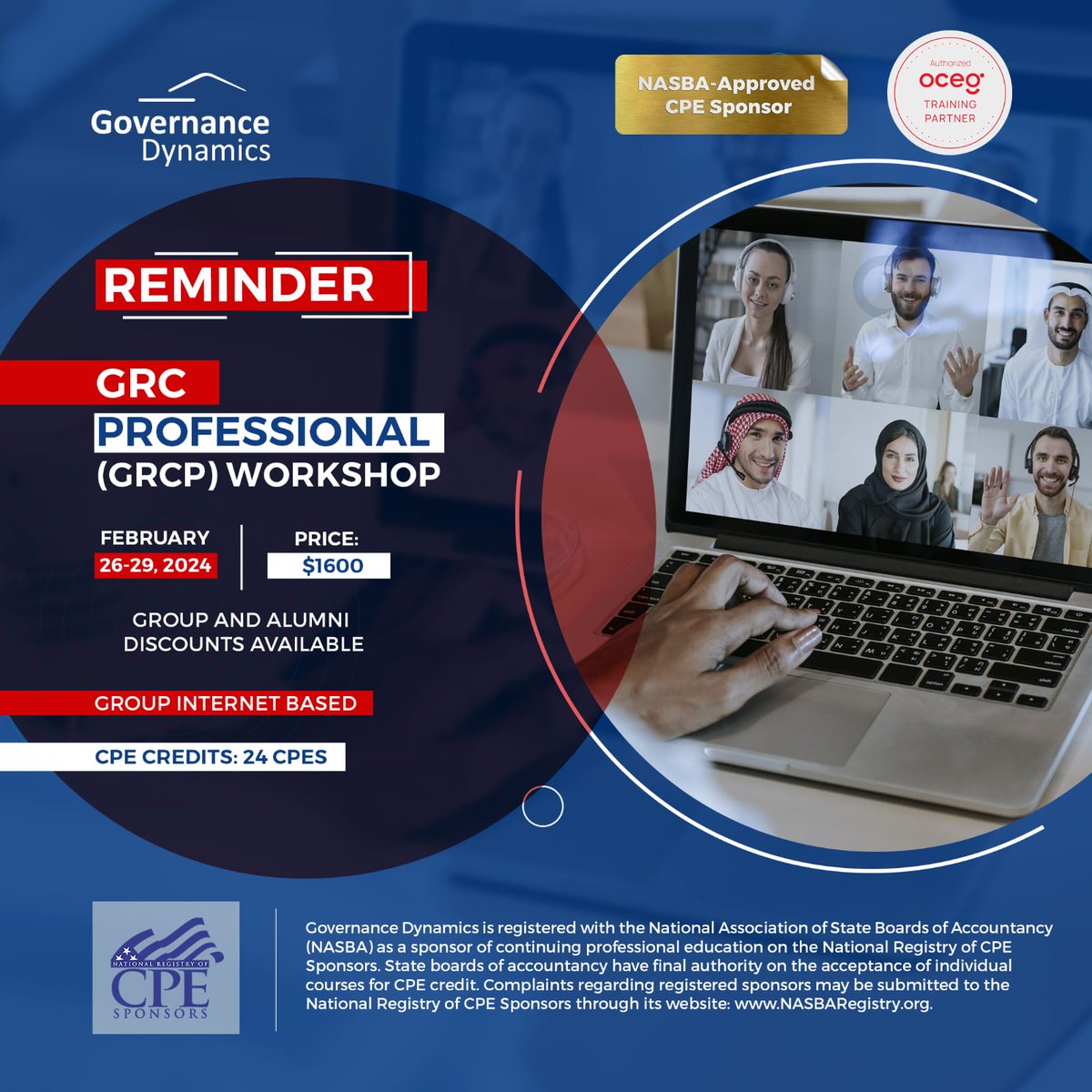 GovernanceDyn's tweet photo. Join our GRCP workshop on Feb 26-29! Start with our exam prep led by Governance Dynamics, an OCEG partner. Earn a globally recognized certificate with NASBA-approved CPE credits. Then, pass the GRCP exam for your OCEG certification.
https://t.co/Bm6HqoH0JC
#NASBA #GRCPWorkshop https://t.co/vIvUKzESGK