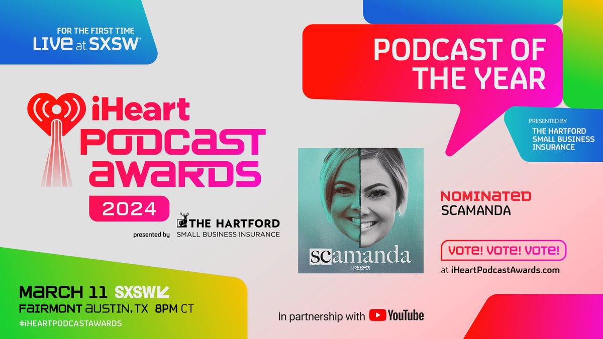 🎙️ #Scamanda 🎙️

Vote now at iHeartPodcastAwards.com

Find out who will win at our 2024 iHeartPodcast Awards Presented by @TheHartford live at @sxsw on March 11th!

#iHeartPodcastAwards