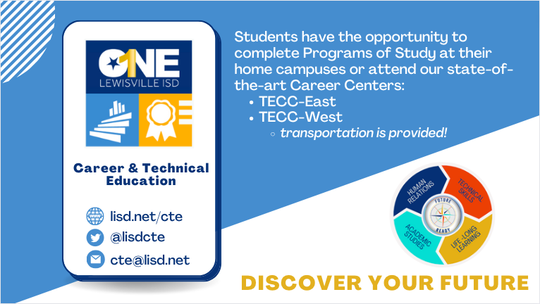 Whether Ss prefer to stay on their home campus or attend either of our state-of-the-art Career Centers, they can #discoverYOURfuture & pursue their passion w/ Career & Technical Education @LewisvilleISD #CTEMonth 👀 Check out lisd.net/cte for all Programs of Study.