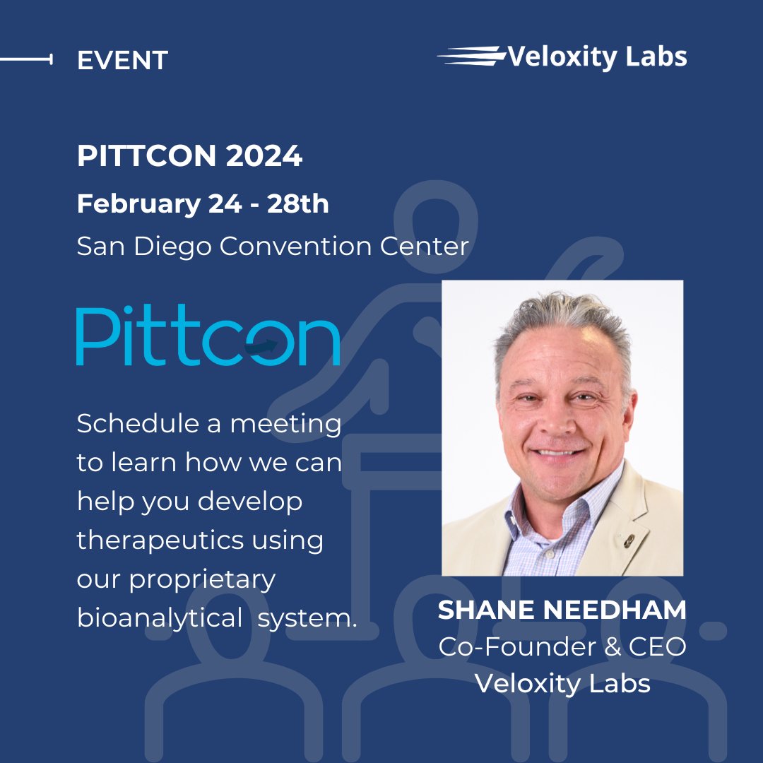 Schedule a meeting during @Pittcon with Veloxity Labs CEO and co-founder, @DrShaneNeedham, to learn how our #LCMS/MS bioanalytical experts are helping pharma and biotech companies develop therapeutics to treat disease. 
 
 #Bioanalysis