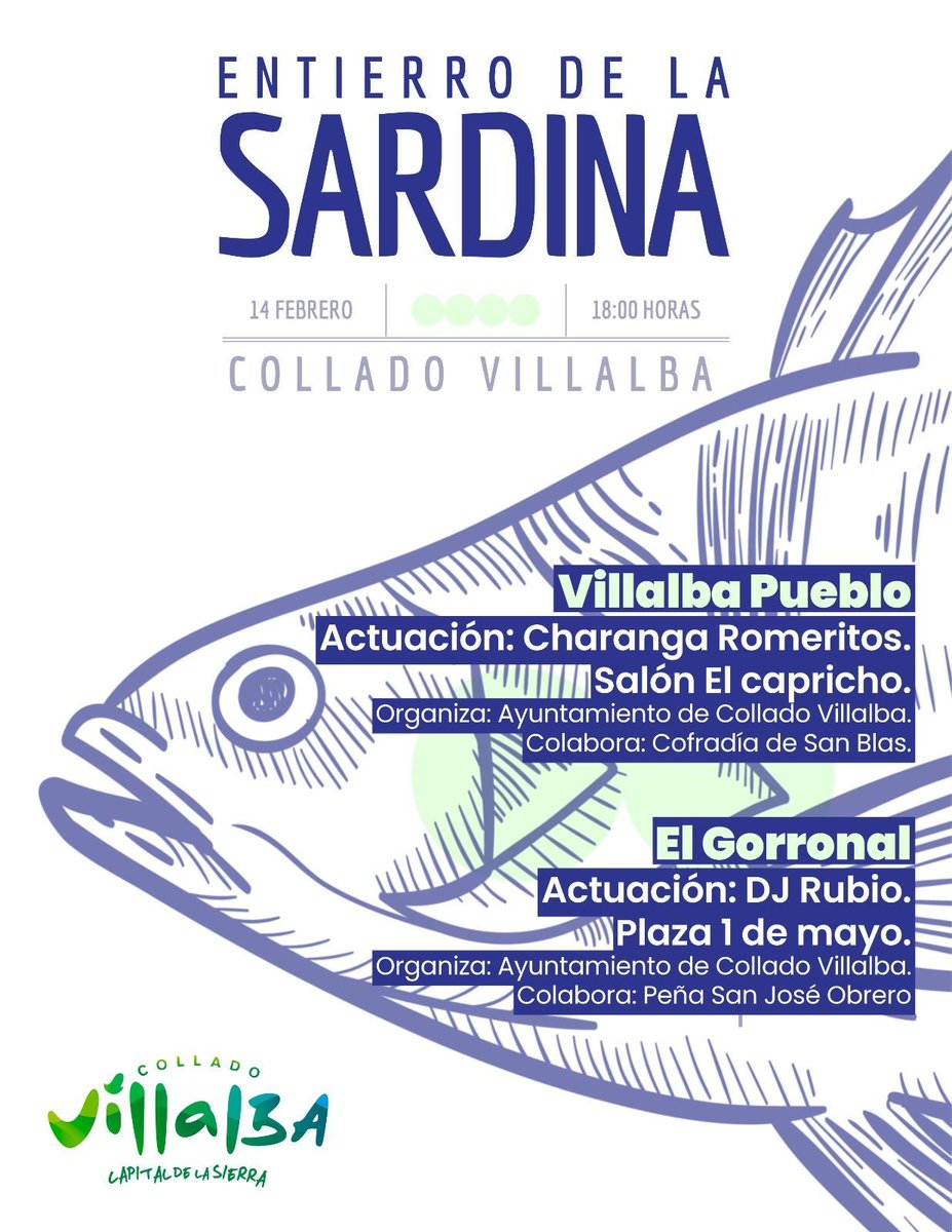 🐟 Disfruta del #EntierroDeLaSardina en #ColladoVillalba.

🗓️ Este miércoles 14 de febrero, procesión a las 18:00 en El Gorronal y Villalba pueblo
