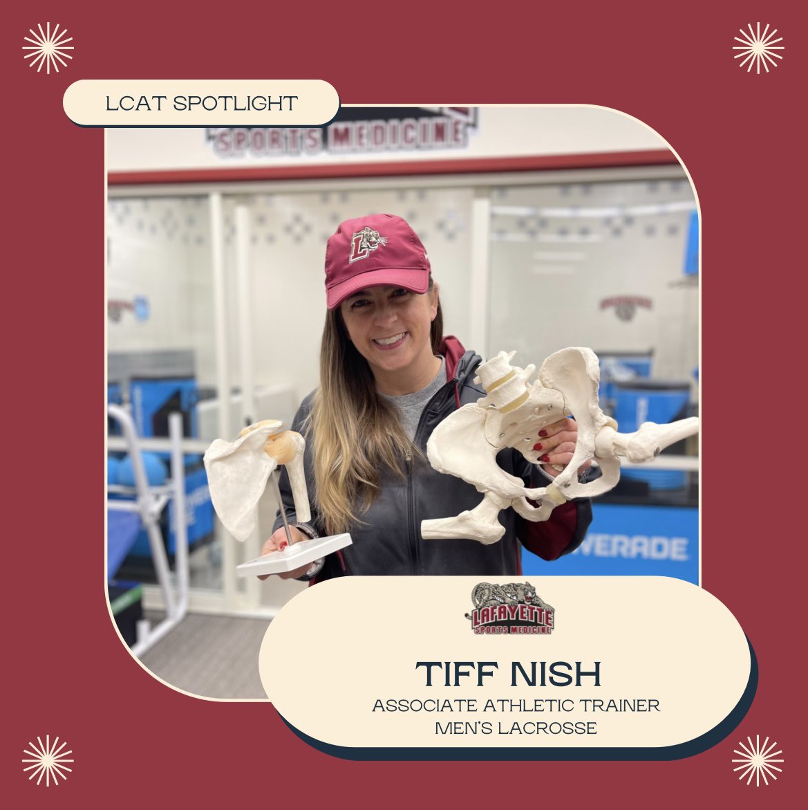 LCSportsMed's tweet photo. LCATs SPOTLIGHT 🤩🐆
•
@LafayetteMLAX season started this past weekend and we want to bring the spotlight to Tiff Nish, Associate Athletic Trainer. Wishing you and the team a great and healthy season. 
•
•
#rollpards #LCATs #goleopards🐆 #sportsmed #athletictrainers https://t.co/aJdZTyPK9E