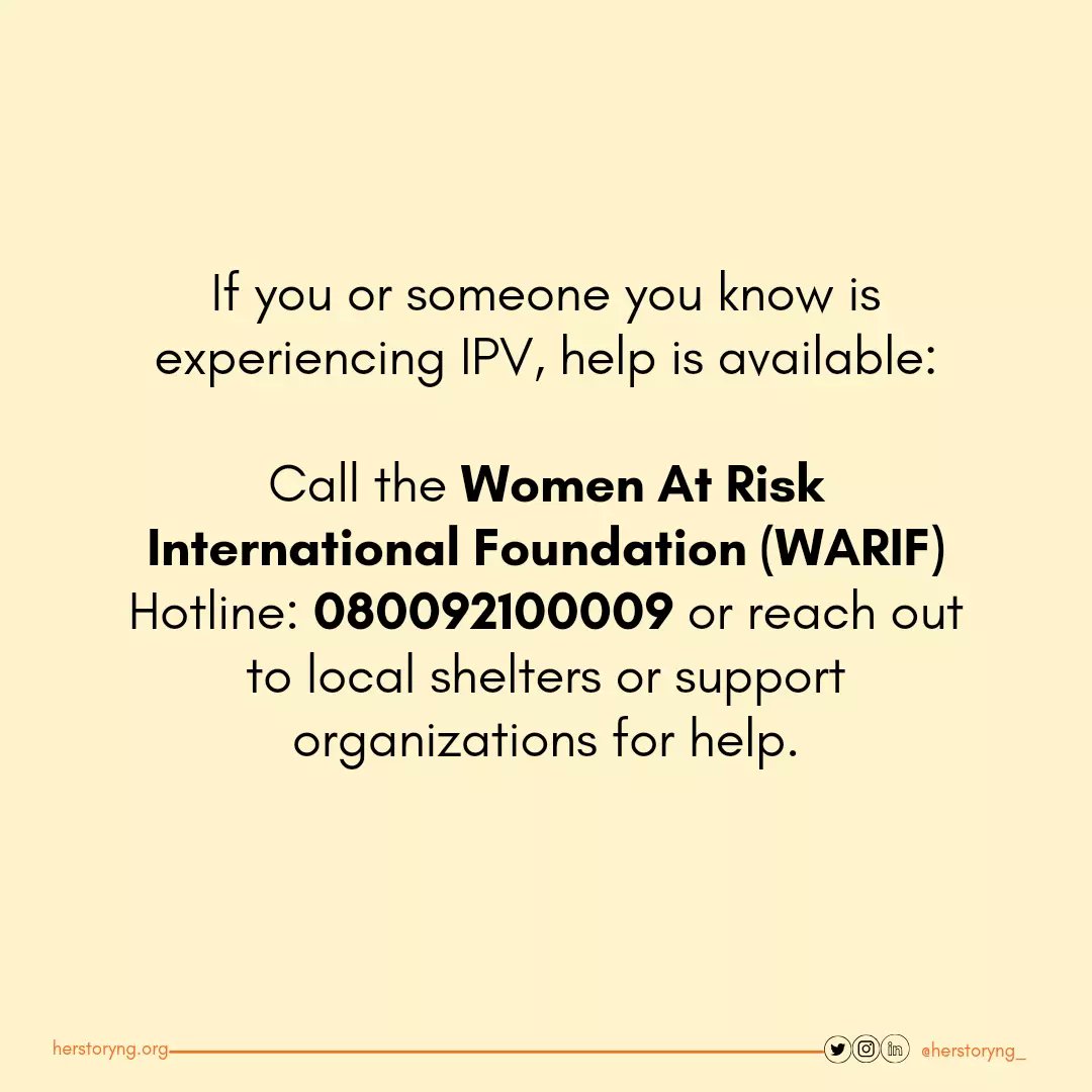 If you or someone you know is experiencing IPV, help is available. Call the @WARIF_NG 24/7 Hotline: 080092100009 or reach out to local shelters or support organizations for help.

#violenceagainswomen #intimatepartnerviolence #genderbasedviolence #stopviolenceagainstwomen